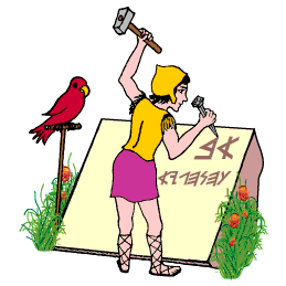 Phoenician scribe writing the Phoenician alphabet while a parrot dictates!